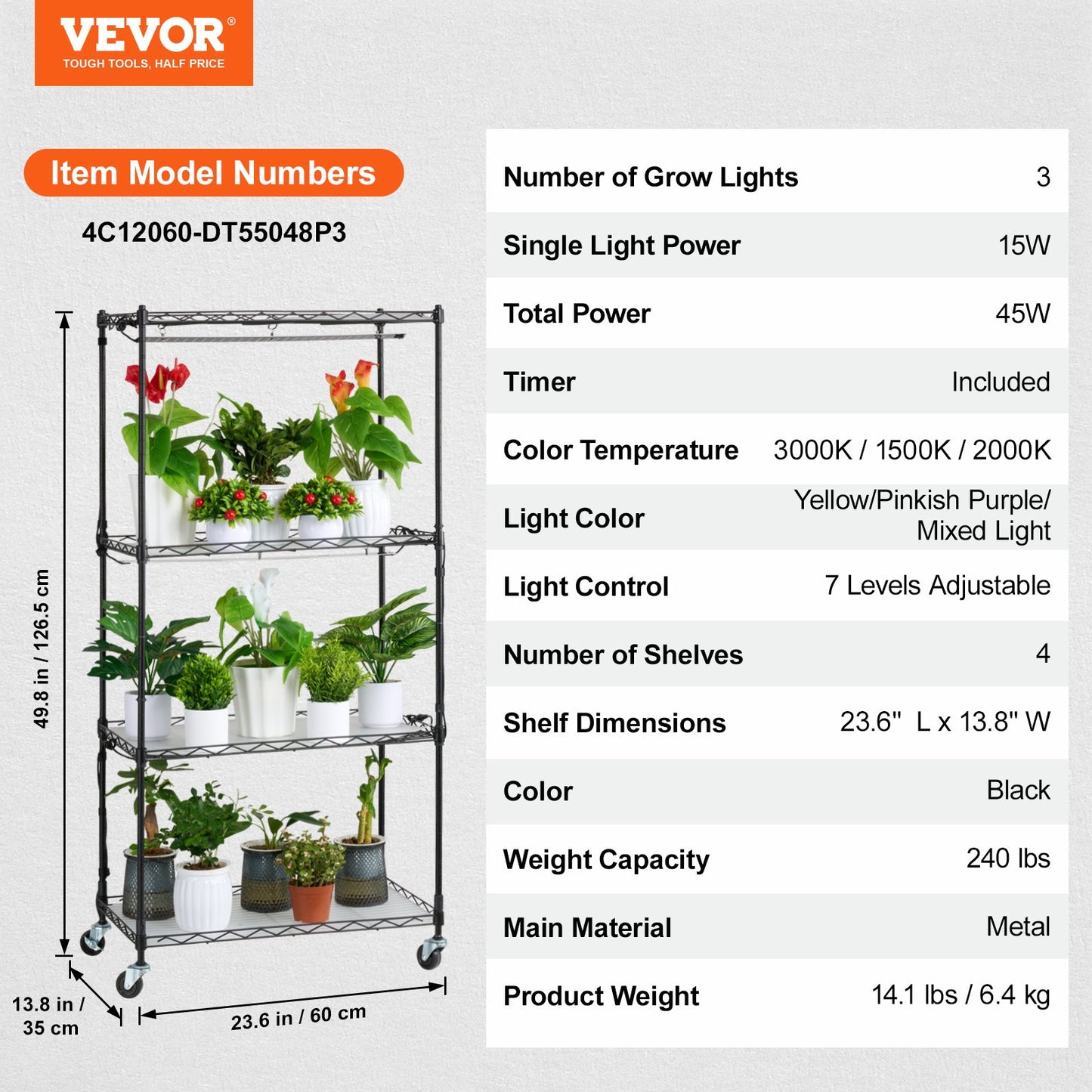 Plant Stand with Grow Light, 4 Tiers, 45W Indoor Grow Light Shelf 3 Spectrum Lights Modes, Metal Plant Shelf with Timer Grdena Plant Grow Rack for Seed Starting 23.6" L x 13.8" W x 49.8" H