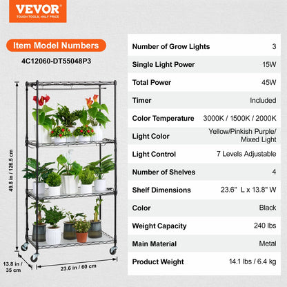 Plant Stand with Grow Light, 4 Tiers, 45W Indoor Grow Light Shelf 3 Spectrum Lights Modes, Metal Plant Shelf with Timer Grdena Plant Grow Rack for Seed Starting 23.6" L x 13.8" W x 49.8" H
