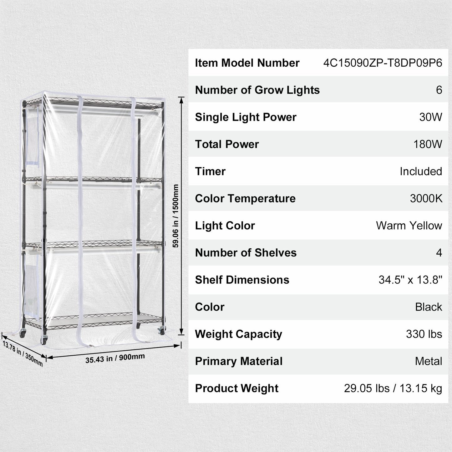 Indoor Greenhouse with Grow Light, 4 Tiers, 180W LED Grow Light Shelf with Cover & Timer, 3 Spectrum Light Portable Greenhouse Cabinet Plant Stand for Seed Starting 35.4" x 13.8" x 59.1"