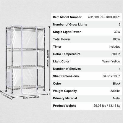 Indoor Greenhouse with Grow Light, 4 Tiers, 180W LED Grow Light Shelf with Cover & Timer, 3 Spectrum Light Portable Greenhouse Cabinet Plant Stand for Seed Starting 35.4" x 13.8" x 59.1"