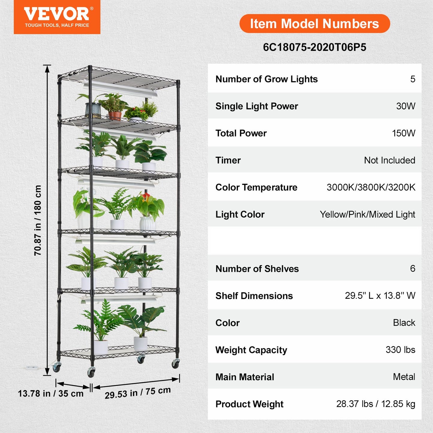 Plant Stand with Grow Light, 6-Tier Large Tall Plant Shelf with 150W Full Spectrum Grow Light, 3 Mode LED Plant Light with Timer and Wheel for Seed Starting 29.5" L x 13.8" W x 70.9" H