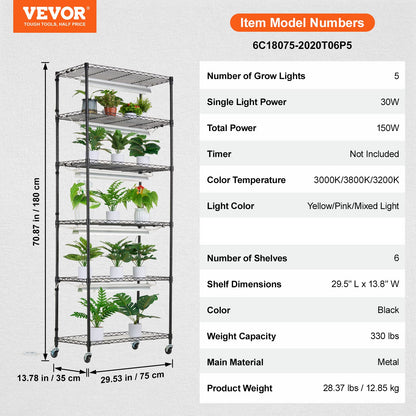 Plant Stand with Grow Light, 6-Tier Large Tall Plant Shelf with 150W Full Spectrum Grow Light, 3 Mode LED Plant Light with Timer and Wheel for Seed Starting 29.5" L x 13.8" W x 70.9" H