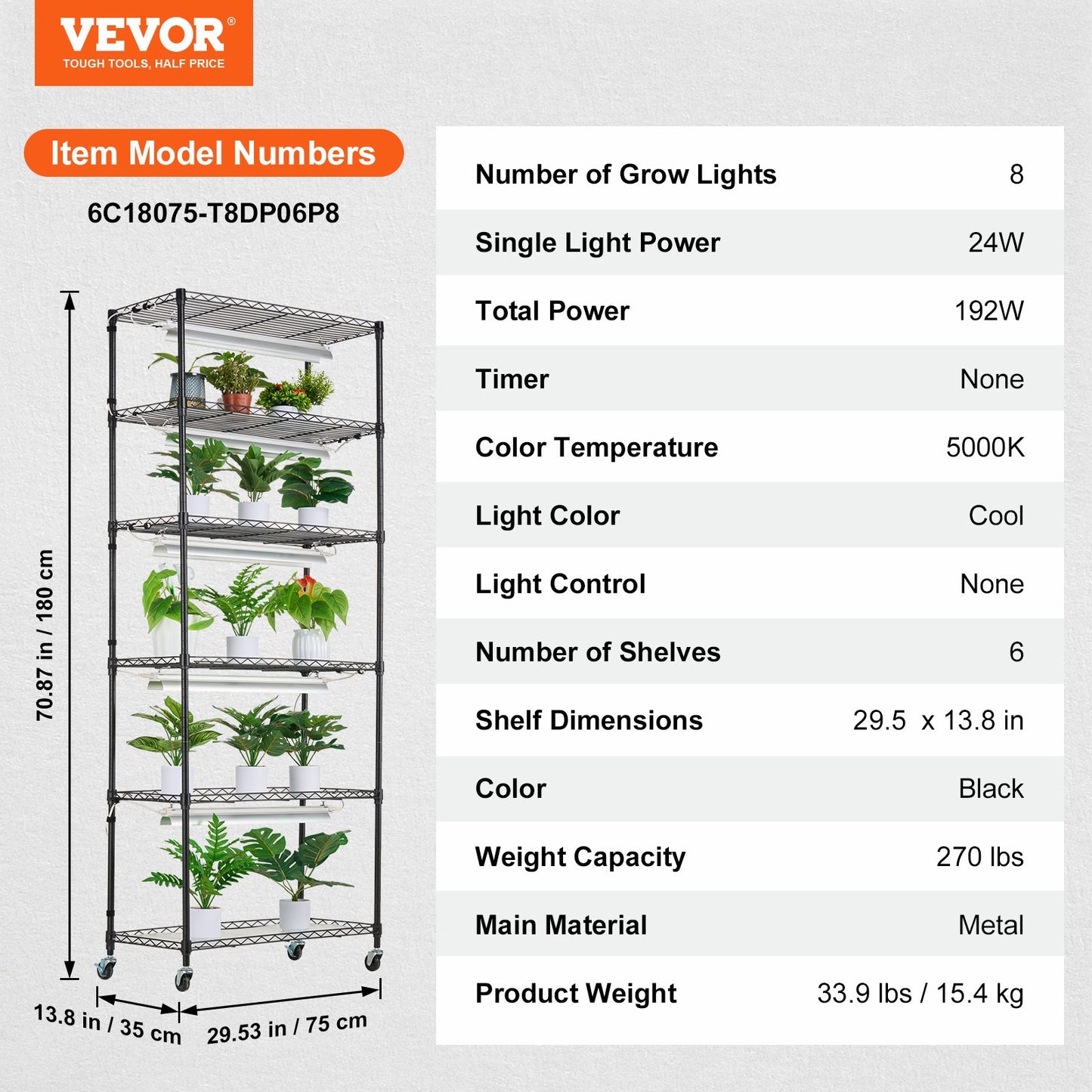 Plant Stand with Grow Light, 6 Tiers, 192W DIY Metal Plant Shelf with Grow Lamp, Indoor Grow Light Shelf with Adjustable Rack & Wheels for Seed Starting Germination 29.5" L x 13.8" W x 70.9" H