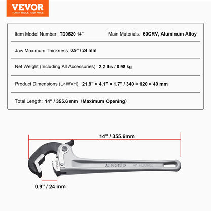 Pipe Wrench, 14" Aluminum Straight Pipe Wrench, Automatic Jaw Adjustment, Adjustable Plumbing Wrench, Easy to Carry, Ergonomic Handle, Hangable Design, for Water Pipes, Automotive Repairs