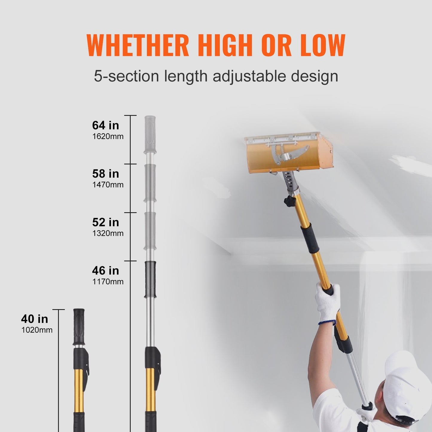 Drywall Flat Box Handle, 101.6-1950.7 cm, Anodized Aluminum Flat Finishing Extension Handle, 5-Section Length Adjustable, Non-slip Grip and 360° Painting for Plasterboard, Wallboard, Sheetrock