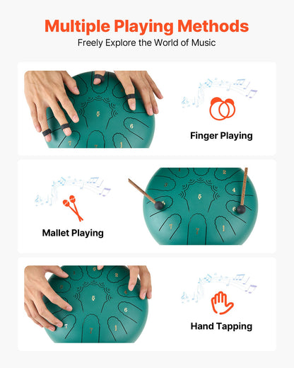 Steel Tongue Drum, 25.4cm 11 Notes Rain Drum for Outside Garden, C Major Musical Drums with Music Book & Mallets, Percussion Instrument for Meditation Yoga Beginner Musical Education, Green