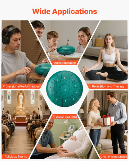 Steel Tongue Drum, 25.4cm 11 Notes Rain Drum for Outside Garden, C Major Musical Drums with Music Book & Mallets, Percussion Instrument for Meditation Yoga Beginner Musical Education, Green