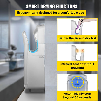 Jet Hand Dryer, Premium Electric Commercial Blade Hand Dryer, ABS Air Dryer Hand with HEPA Filtration Wall Mount Hand Dryer, 2000W 220V Vertical Hand Dryer, High-Speed Automatic Infrared Silver