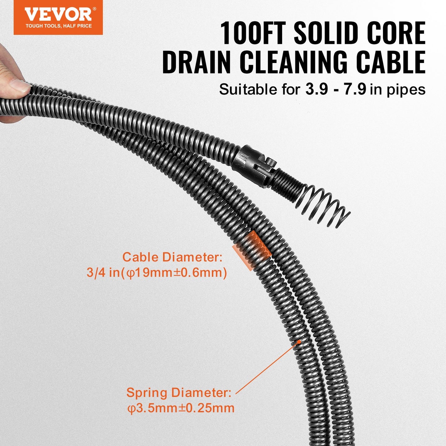 Drain Cleaning Cable 100 FT x 3/4 Inch, Solid Core Steel Drain Cleaner Cable with 4 Cutters for 3.9" to 7.9" Pipes, Professional Inner Core Sewer Drain Auger Cable for Sink, Floor Drain, Toilet