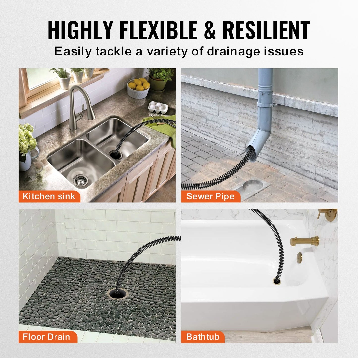 Drain Cleaning Cable 100 FT x 3/4 Inch, Solid Core Steel Drain Cleaner Cable with 4 Cutters for 3.9" to 7.9" Pipes, Professional Inner Core Sewer Drain Auger Cable for Sink, Floor Drain, Toilet