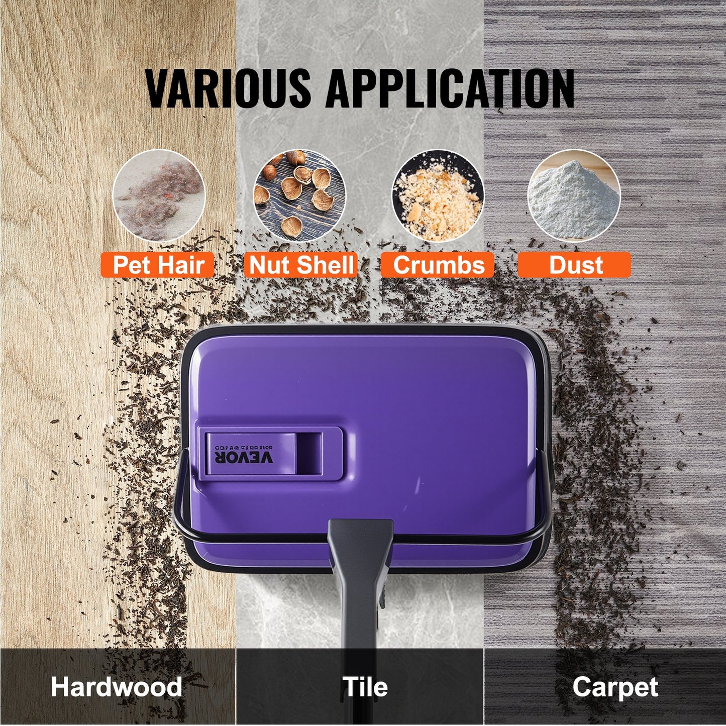 Carpet Sweeper Manual, Floor Sweeper with 300 ml Dustbin Capacity Easy to Empty, 17 cm inch Cleaning Width for Home Office Carpets Pet Hair Dust, Purple