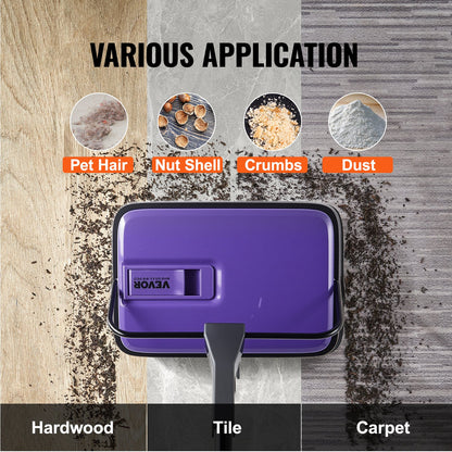Carpet Sweeper Manual, Floor Sweeper with 300 ml Dustbin Capacity Easy to Empty, 17 cm inch Cleaning Width for Home Office Carpets Pet Hair Dust, Purple
