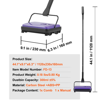 Carpet Sweeper Manual, Floor Sweeper with 300 ml Dustbin Capacity Easy to Empty, 17 cm inch Cleaning Width for Home Office Carpets Pet Hair Dust, Purple