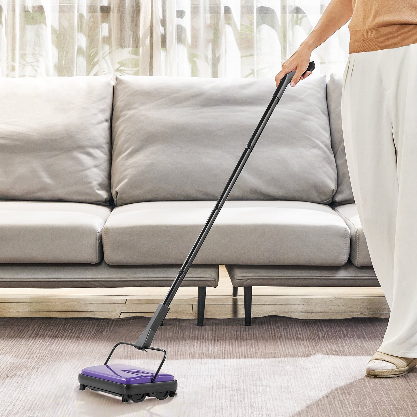 Carpet Sweeper Manual, Floor Sweeper with 300 ml Dustbin Capacity Easy to Empty, 17 cm inch Cleaning Width for Home Office Carpets Pet Hair Dust, Purple