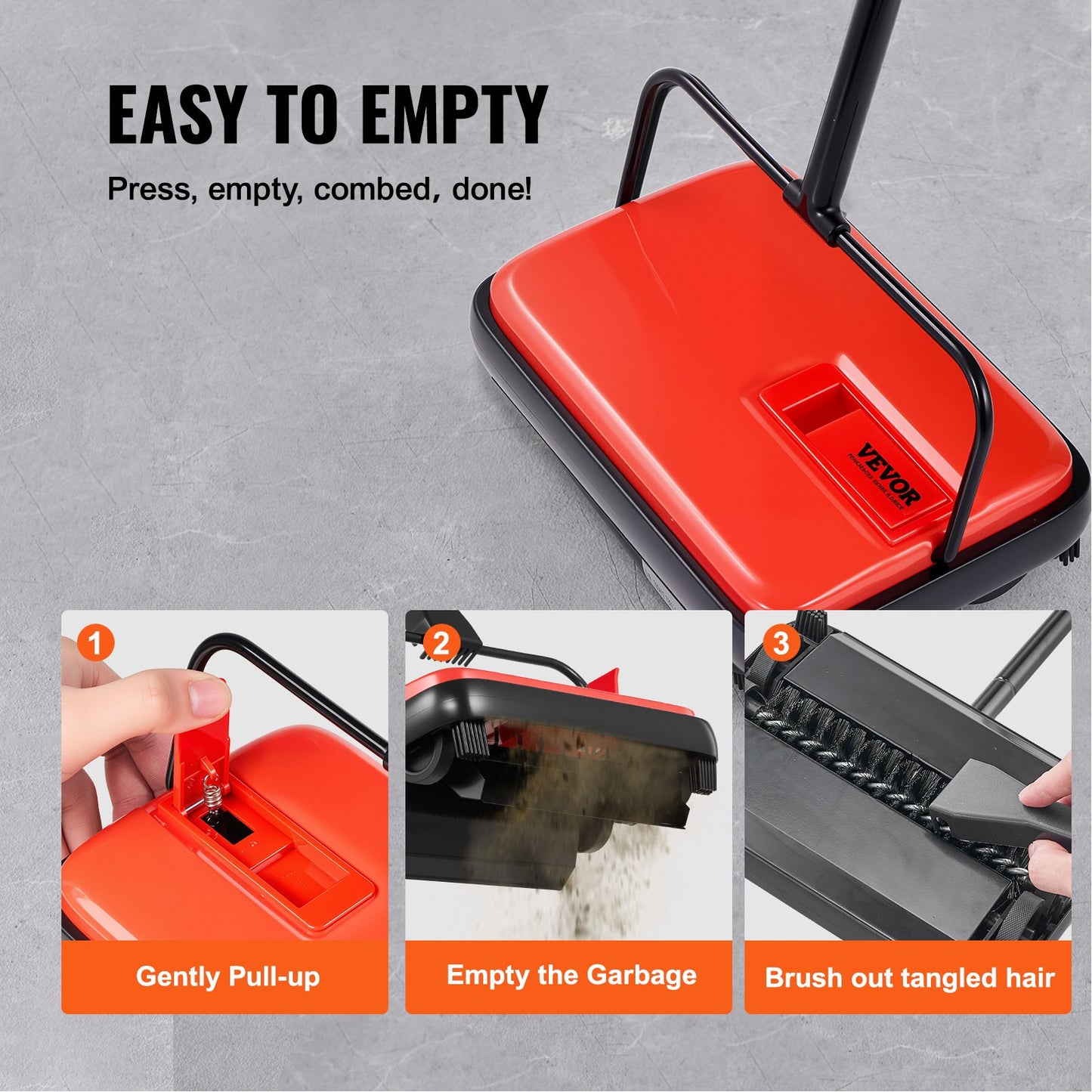 Carpet Sweeper Manual, Floor Sweeper with 300 ml Dustbin Capacity Easy to Empty, 17 cm Cleaning Width for Home Office Carpets Pet Hair Dust, Red