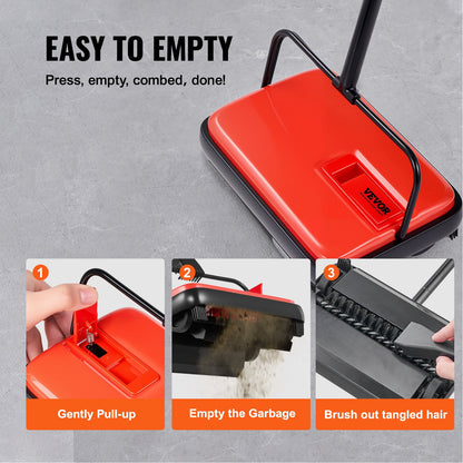 Carpet Sweeper Manual, Floor Sweeper with 300 ml Dustbin Capacity Easy to Empty, 17 cm Cleaning Width for Home Office Carpets Pet Hair Dust, Red