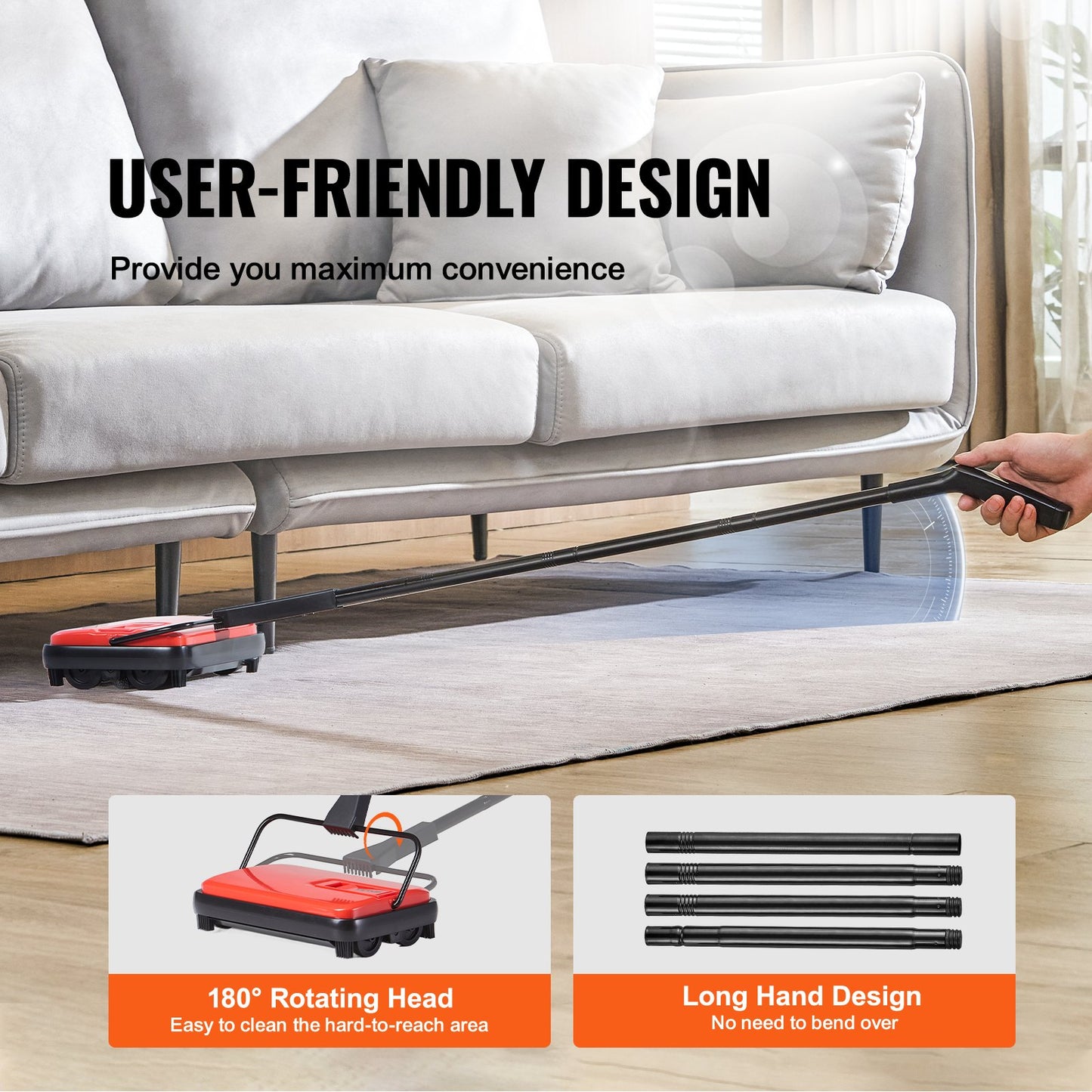 Carpet Sweeper Manual, Floor Sweeper with 300 ml Dustbin Capacity Easy to Empty, 17 cm Cleaning Width for Home Office Carpets Pet Hair Dust, Red