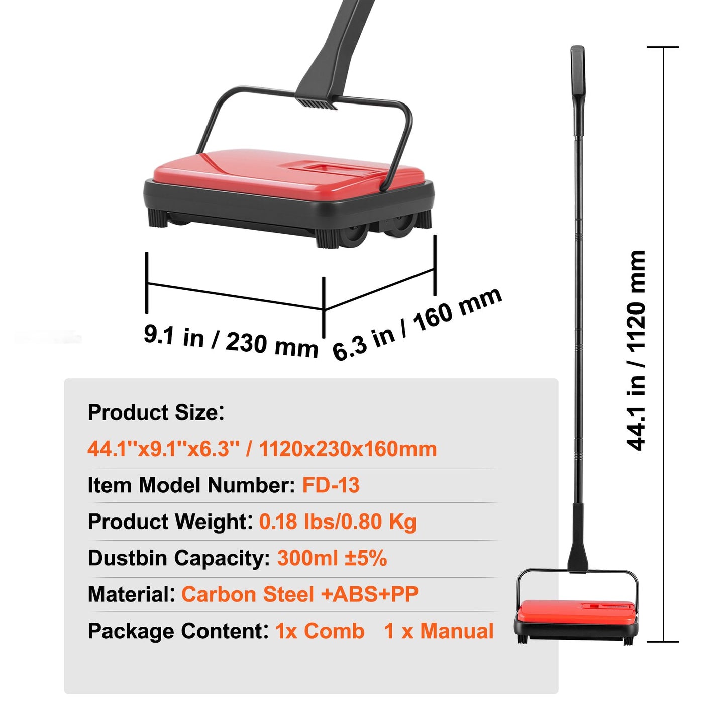Carpet Sweeper Manual, Floor Sweeper with 300 ml Dustbin Capacity Easy to Empty, 17 cm Cleaning Width for Home Office Carpets Pet Hair Dust, Red