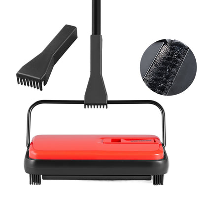 Carpet Sweeper Manual, Floor Sweeper with 300 ml Dustbin Capacity Easy to Empty, 17 cm Cleaning Width for Home Office Carpets Pet Hair Dust, Red