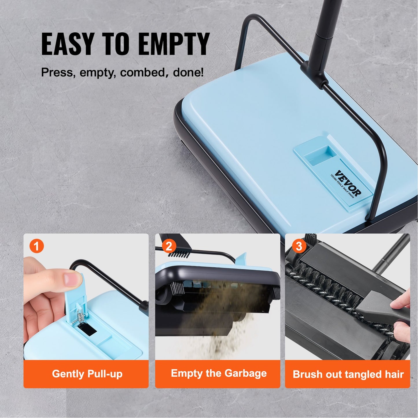 Carpet Sweeper Manual, Floor Sweeper with 300 ml Dustbin Capacity Easy to Empty, 17 cm Cleaning Width for Home Office Carpets Pet Hair Dust, Blue