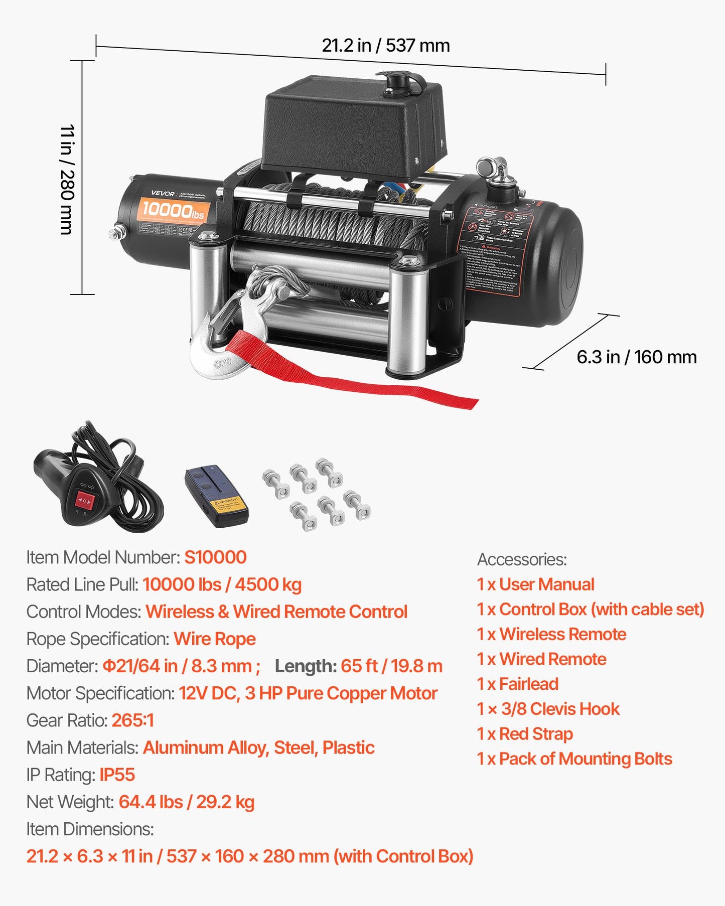 Electric Winch, 4500 kg Load Capacity, 12V DC Truck Winch with Φ8.3 mm x 19.8 m Steel Rope, Wireless & Wired Remote Control, IP55 Waterproof for Towing SUV Jeep Trailer Boat Off-Road Vehicle