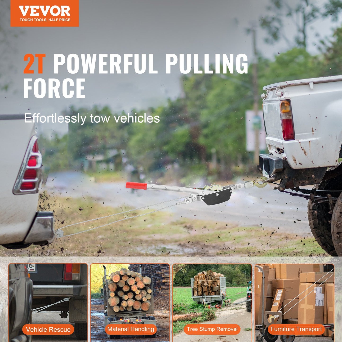 Come Along-vinsch, dragkapacitet på 2 ton (4 409 lbs), 12 fot stålvajer, 2 krokar, kraftig spärrhake med dubbla växlar, kabeldragare för fordon, idealisk för fordonsräddning