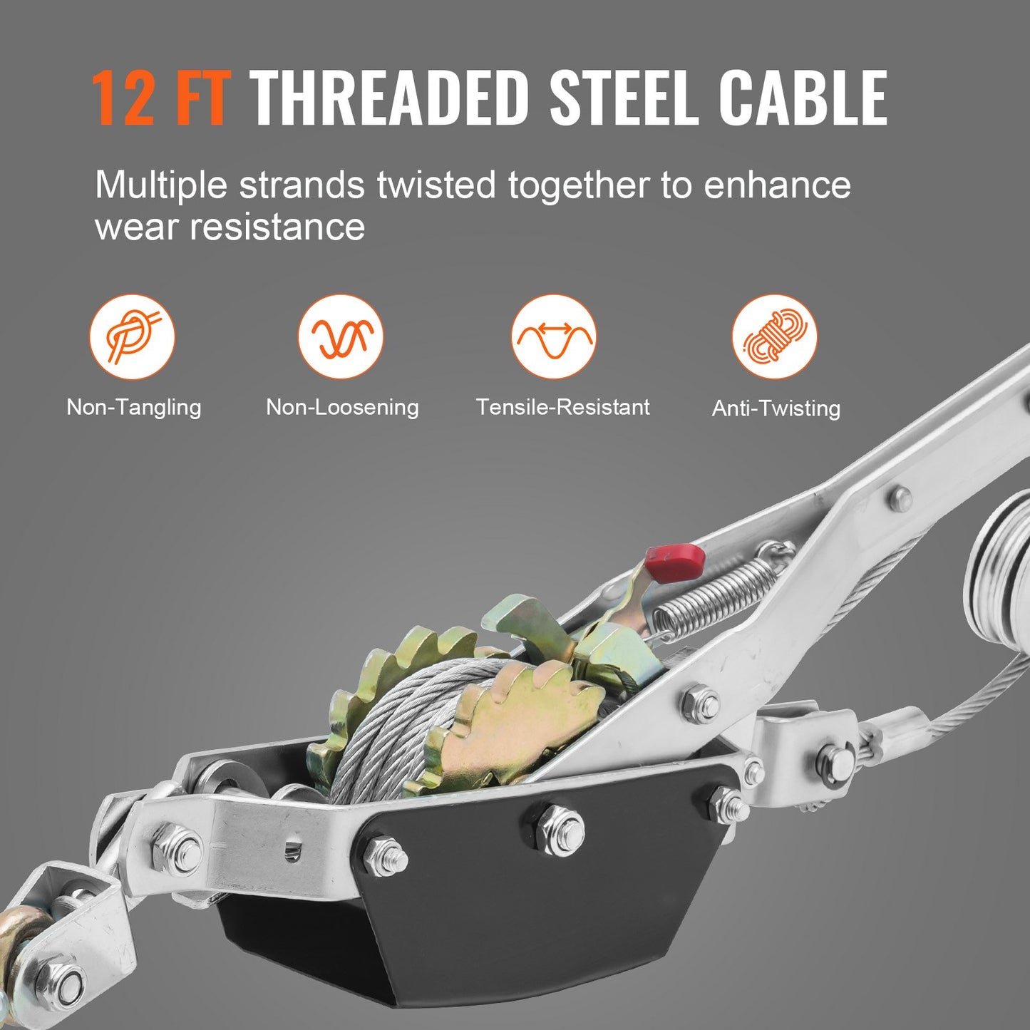 Come Along-vinsch, dragkapacitet på 2 ton (4 409 lbs), 12 fot stålvajer, 2 krokar, kraftig spärrhake med dubbla växlar, kabeldragare för fordon, idealisk för fordonsräddning