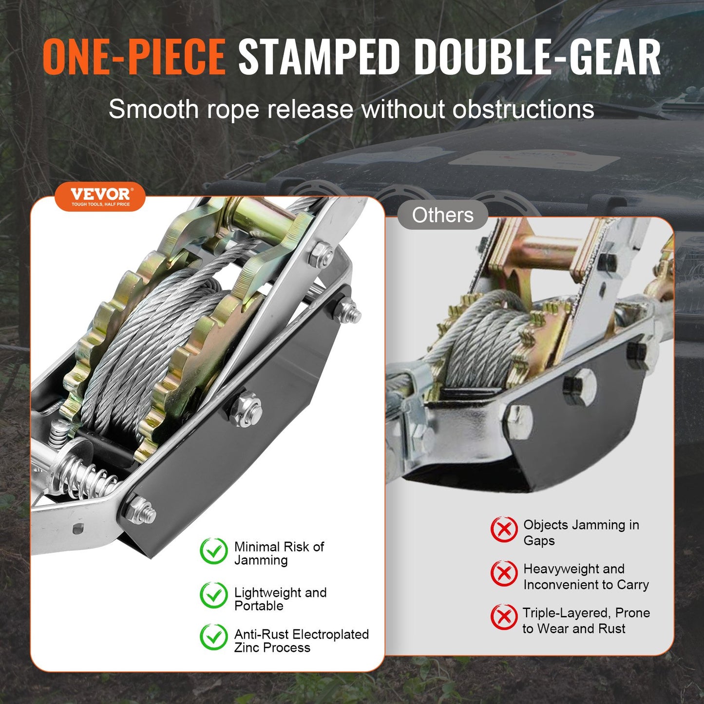 Come Along-vinsch, dragkapacitet på 2 ton (4 409 lbs), 12 fot stålvajer, 2 krokar, kraftig spärrhake med dubbla växlar, kabeldragare för fordon, idealisk för fordonsräddning