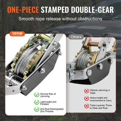 Come Along-vinsch, dragkapacitet på 2 ton (4 409 lbs), 12 fot stålvajer, 2 krokar, kraftig spärrhake med dubbla växlar, kabeldragare för fordon, idealisk för fordonsräddning