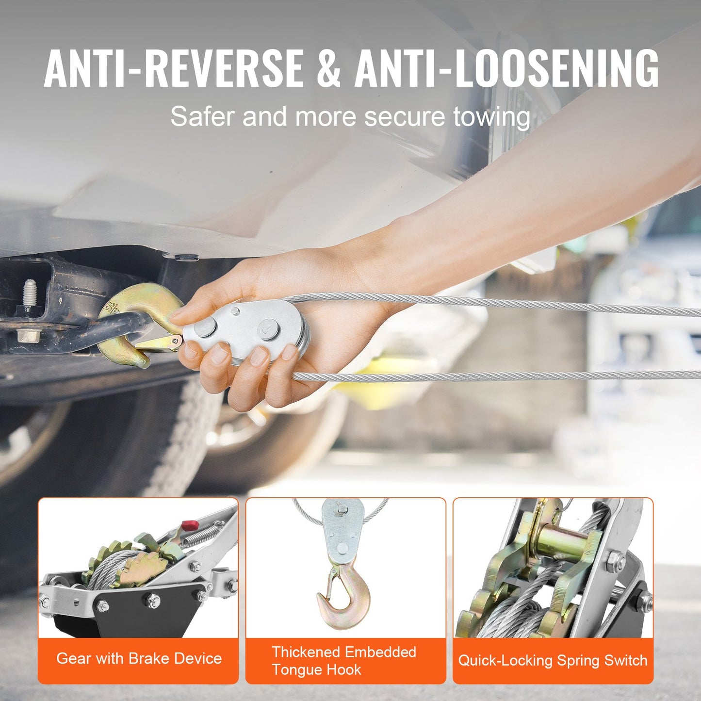 Come Along-vinsch, dragkapacitet på 2 ton (4 409 lbs), 12 fot stålvajer, 2 krokar, kraftig spärrhake med dubbla växlar, kabeldragare för fordon, idealisk för fordonsräddning