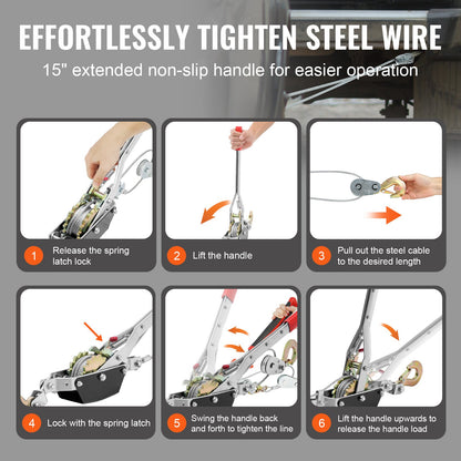 Come Along-vinsch, dragkapacitet på 2 ton (4 409 lbs), 12 fot stålvajer, 2 krokar, kraftig spärrhake med dubbla växlar, kabeldragare för fordon, idealisk för fordonsräddning