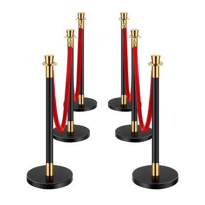 Stolpe, 6 st. avspärrningsbarriär med 4 röda sammetsrep, 1,5 m svart stolpekö i rostfritt stål med sandinjektionsbas för teater, fest, bröllop, utställning