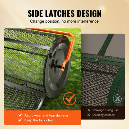 Compost Spreader, 24.4-25.6" Height Adjustable Handle, 24" Wide, Lawn and Garden Peat Moss Roller with Side Latches, Powder Coated Steel Mesh Basket for Spreading Manure, Topsoil, Black