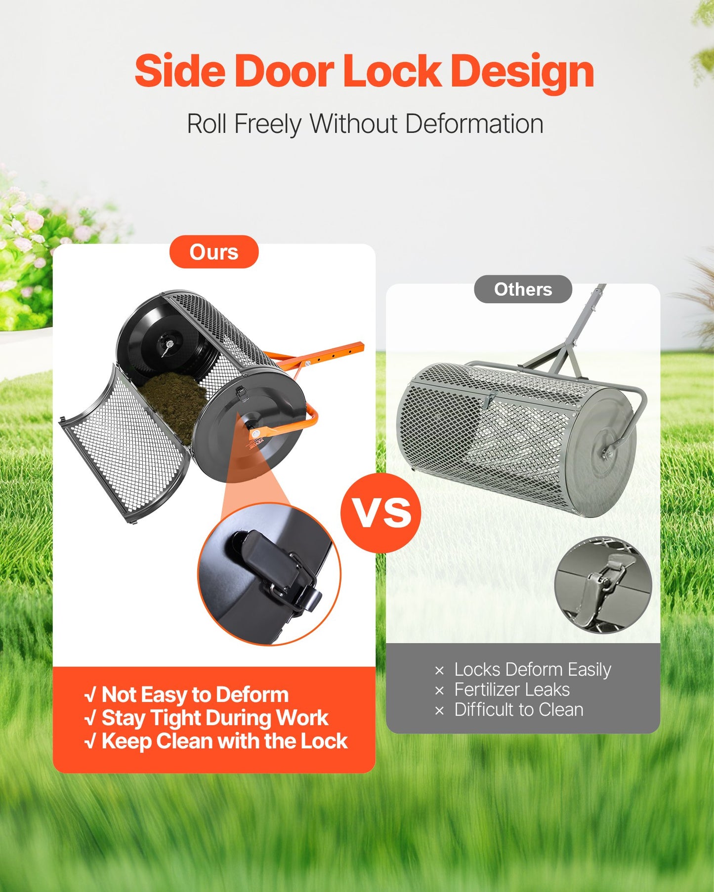 Compost Spreader, 24 in Wide Peat Moss Spreader with T Shaped Handle, 3 Heights Adjustable, Powder-Coated Steel Garden Peat Moss Roller, Heavy Duty Grass Seed Spreaders for Planting Seeding