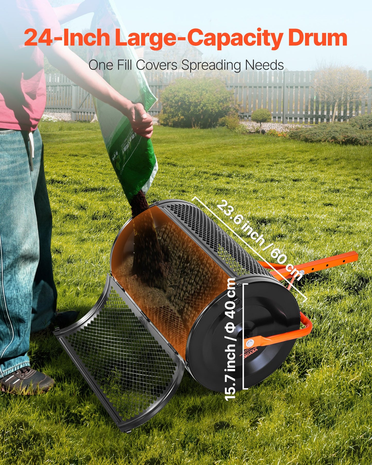 Compost Spreader, 24 in Wide Peat Moss Spreader with T Shaped Handle, 3 Heights Adjustable, Powder-Coated Steel Garden Peat Moss Roller, Heavy Duty Grass Seed Spreaders for Planting Seeding