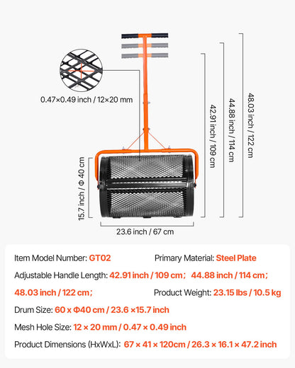 Compost Spreader, 24 in Wide Peat Moss Spreader with T Shaped Handle, 3 Heights Adjustable, Powder-Coated Steel Garden Peat Moss Roller, Heavy Duty Grass Seed Spreaders for Planting Seeding