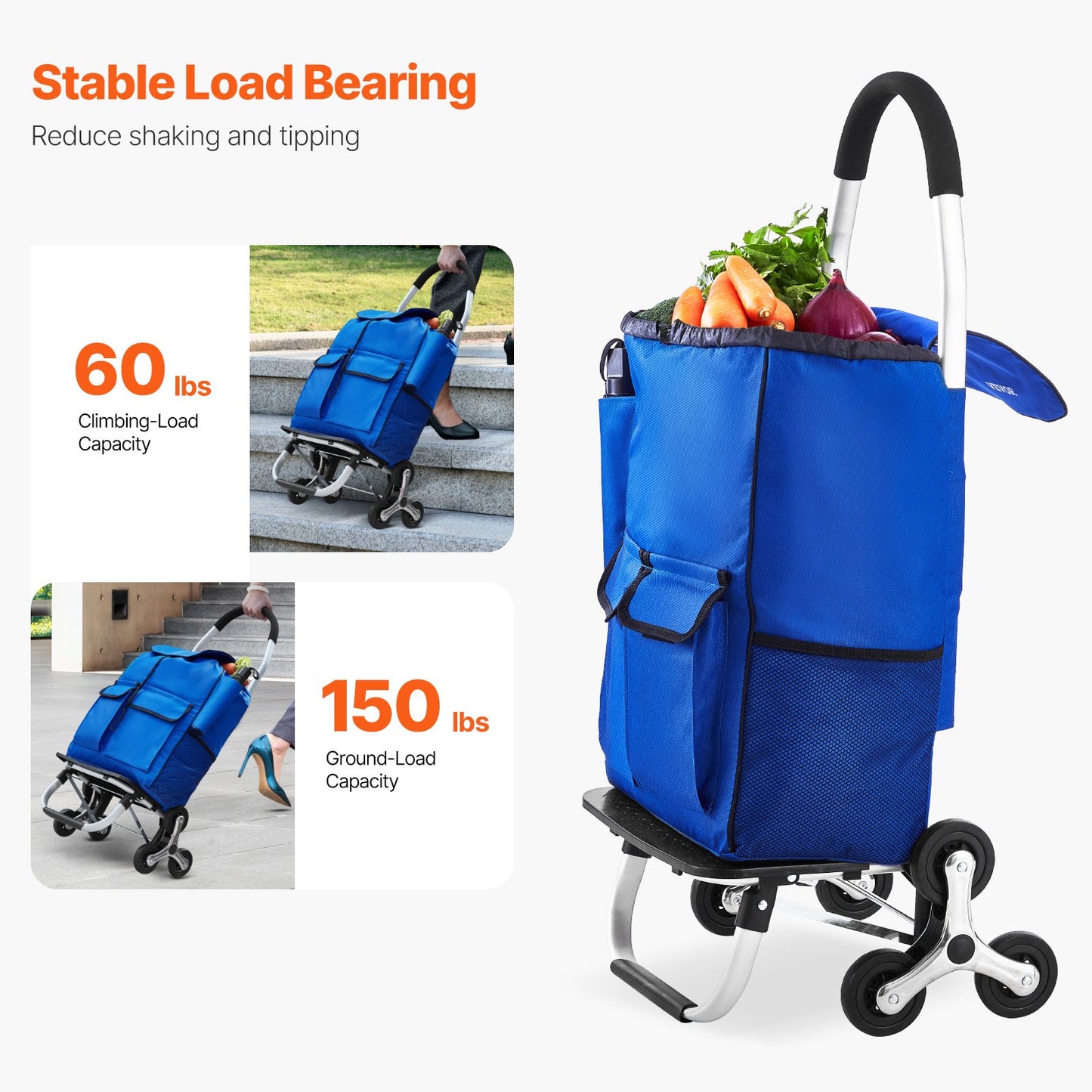 Stair Climber Trolley Dolly, 36L Folding Shopping Cart, Grocery Cart Trolley Laundry Stair Climbing Handcart with 6 Wheels & Oxford Cloth Bag, Foldable Cart for Shopping Grocery Laundry Climbing