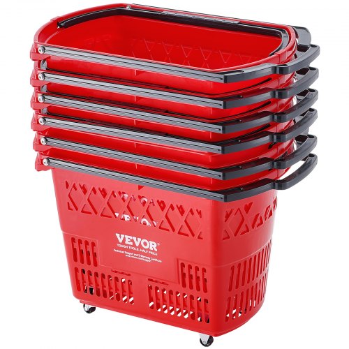 Shopping Baskets, 6PCS, 39L Shopping Carts with Handles, Plastic Rolling Shopping Basket with Wheels, Large Portable Shopping Basket Set for Supermarkets, Retail Stores, Grocery Shopping, Red