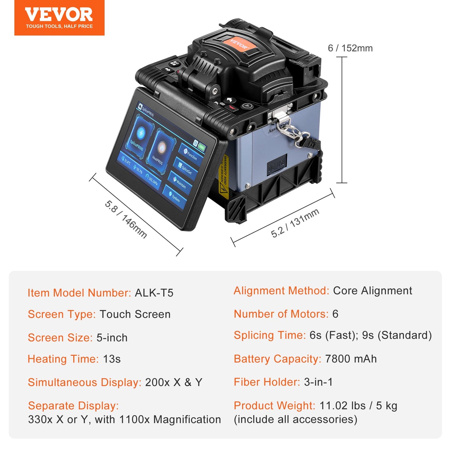Fiber Fusion Splicer 6 Motors, Core Alignment Fiber Optic Splicer 6s Splicing & 13s Heating, Fiber Splicer Machine with 5" Touch Screen, 3 in 1 Fiber Holder, 7800mAh Battery for SM MM DS NZDS