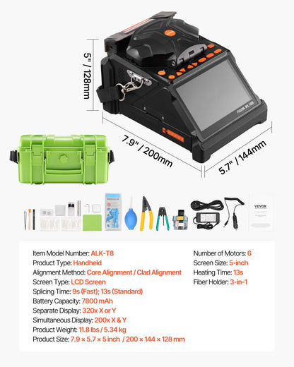 Fiber Fusion Splicer 6 Motors, Core & Clad Alignment Fibers Optic Splicer with 6s Fast Splicing and 13s Heating, 5" LCD Screen, 3 in 1 Fiber Holder, 7800mAh Battery for SM MM DS NZDS Fibers