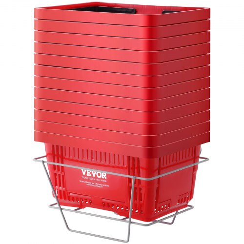 Shopping Basket, Set of 12, 24L Durable Plastic Grocery Basket with Handle and Stand, 16.73 x 11.61 x 8.86 inch Portable Shop Basket Bulk Used for Retail Store Supermarket Grocery Shopping, Red