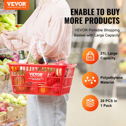 Kundkorgar, set om 20, 21 liters hållbara plastmatkorgar med handtag och stativ, 16,5 x 11,8 x 8,27 tum, bärbar varukorg, bulk, används för butik, stormarknad, matinköp, röd