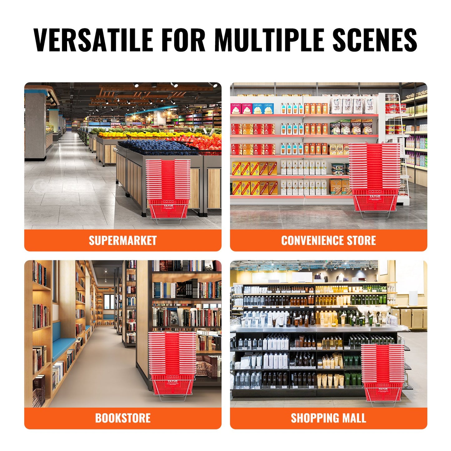 Kundkorgar, set om 20, 21 liters hållbara plastmatkorgar med handtag och stativ, 16,5 x 11,8 x 8,27 tum, bärbar varukorg, bulk, används för butik, stormarknad, matinköp, röd