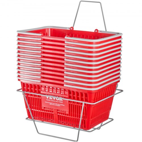 Shopping Basket, Set of 12, 21L Durable Plastic Grocery Basket with Handle and Stand, 16.5 x 11.8 x 8.27 inch Portable Shop Basket Bulk Used for Retail Store Supermarket Grocery Shopping, Red
