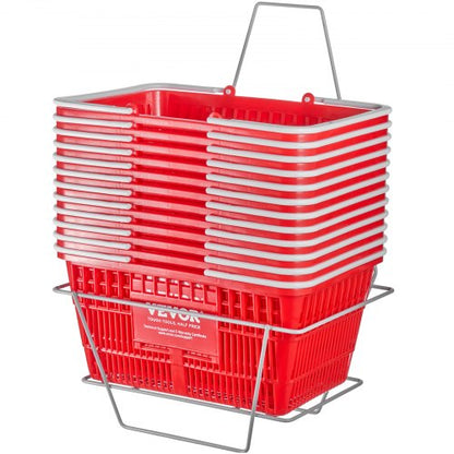 Shopping Basket, Set of 12, 21L Durable Plastic Grocery Basket with Handle and Stand, 16.5 x 11.8 x 8.27 inch Portable Shop Basket Bulk Used for Retail Store Supermarket Grocery Shopping, Red