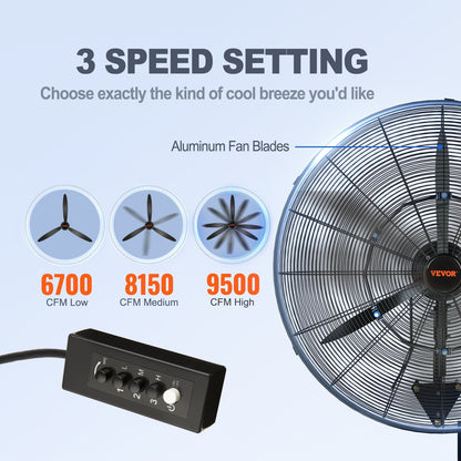 Mist Fan, 29.5 inch Waterproof Industrial Fan, 3 Speeds, 9500 CFM, Commercial or Residential Fan for Cooling Warehouse, Greenhouse, Workshop
