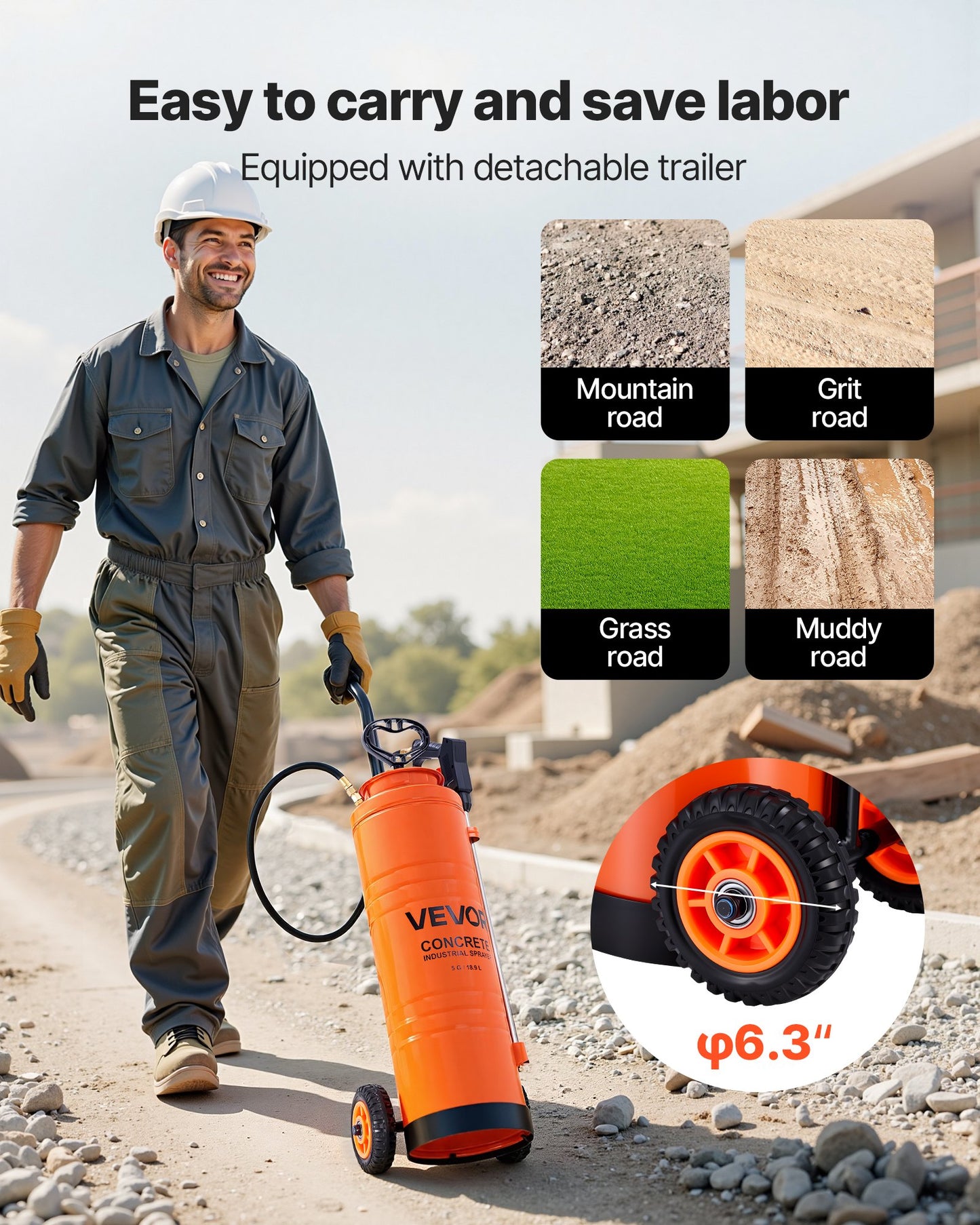 Industrial Concrete Sprayer with Wheeled Cart, 19L Stainless Steel Sprayer, Heavy Duty Tri-Poxy Pump Sprayers, 52cm Wand, 1.2m & 3m Hoses, 2 Brass Nozzles for Construction, Lawn & Garden