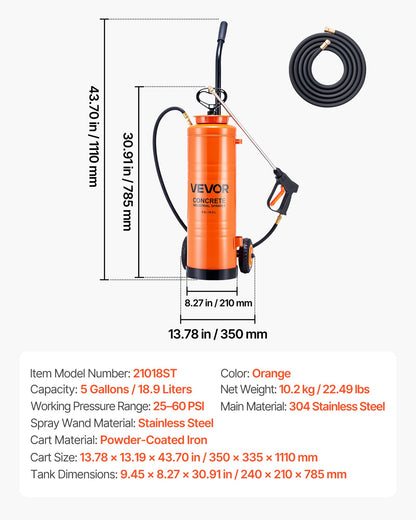Industrial Concrete Sprayer with Wheeled Cart, 19L Stainless Steel Sprayer, Heavy Duty Tri-Poxy Pump Sprayers, 52cm Wand, 1.2m & 3m Hoses, 2 Brass Nozzles for Construction, Lawn & Garden