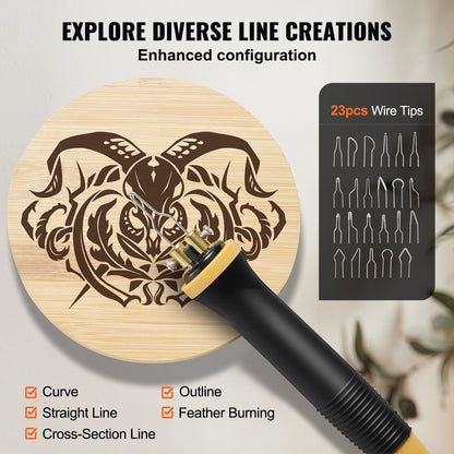 Wood Burning Kit, 200~700°C Adjustable Temperature with Display, Dual Output Port with 2 Pyrography Pens, 23 Wire Nibs, 1 Pen Holder, 4 Wood Chip, 1 Screwdriver, 1 Tweezers, 1 Knife, 1 Sponge
