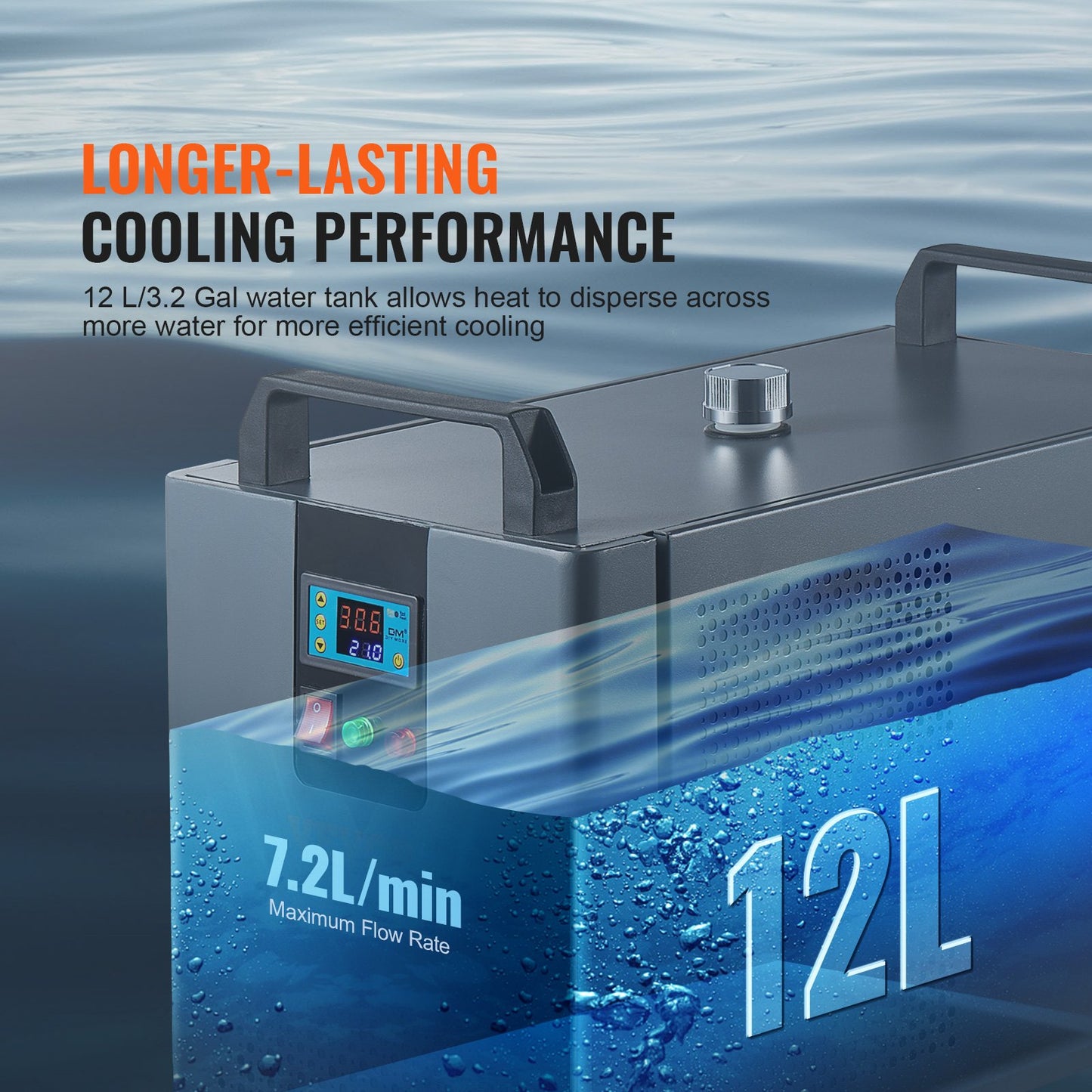 Industriell vattenkylare, KH-6000, 200W industriell vattenkylare kylsystem med kompressor 12 liters vattentankkapacitet 7,8 l/min max flödeshastighet, för CO2-lasergraveringsmaskin kylmaskin